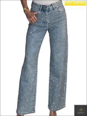 Rhinestone High Waisted Straight Wide Leg Jeans Sparkly Glitter Bling Baggy